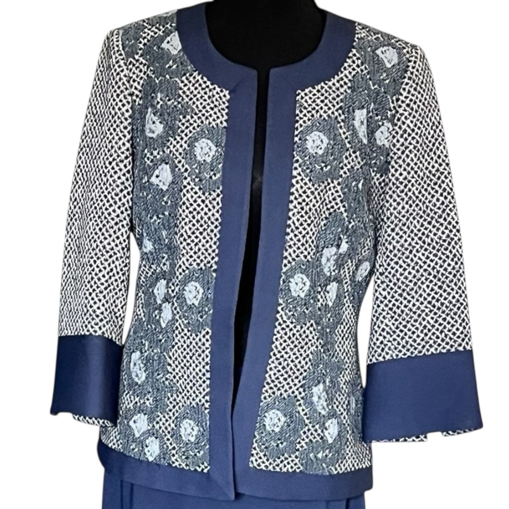 Nicole Miller Mary Kay Navy Floral Jacquard Blazer Jacket 6R Career 3/4 Sleeve